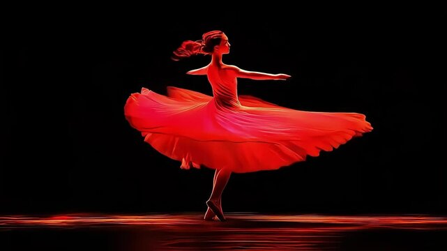 Graceful female dancer in a flowing red dress, captured mid-performance against a dark backdrop.