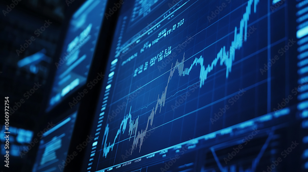 Poster macro close, up of a stock market investment trading chart displayed in blue, analyzing data with ca