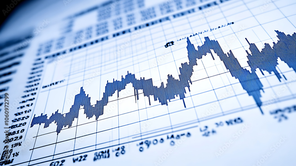 Fototapete Macro close, up of a stock market investment trading chart displayed in blue, analyzing data with candlestick graphs