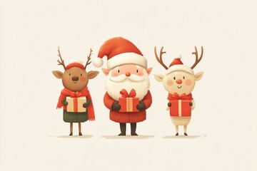 Ilustrações de Natal com Papai Noel, renas e elfos segurando presentes, estilo lúdico e minimalista, criado por IA generativa.