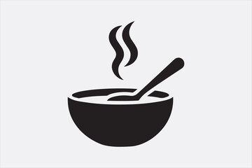 Black silhouette of a bowl of hot soup with a spoon.