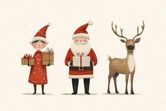 Ilustra&ccedil;&otilde;es de Natal com Papai Noel, renas e elfos segurando presentes, estilo l&uacute;dico e minimalista, criado por IA generativa.