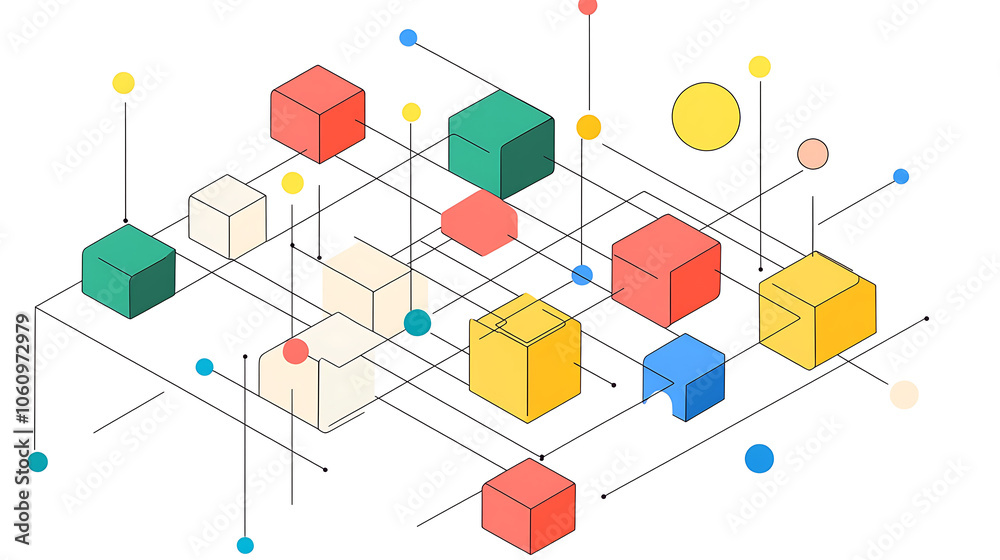 Poster minimalist line art of an isometric network with colorful blocks and dots on a white background