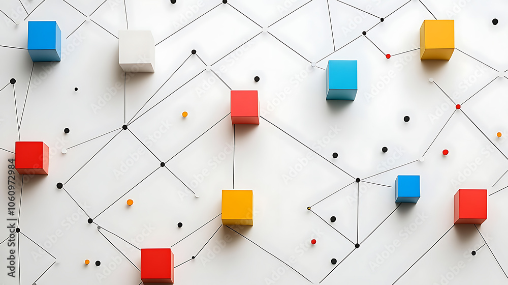 Poster minimalist line art of an isometric network with colorful blocks and dots on a white background