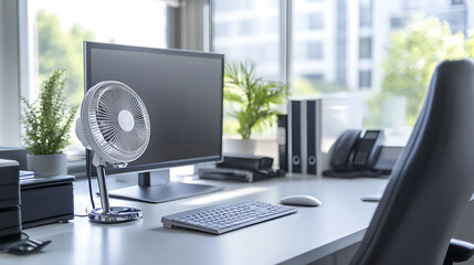 Mini desk fan on white office desk