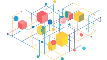 minimalist line art of an isometric network with colorful blocks and dots on a white background