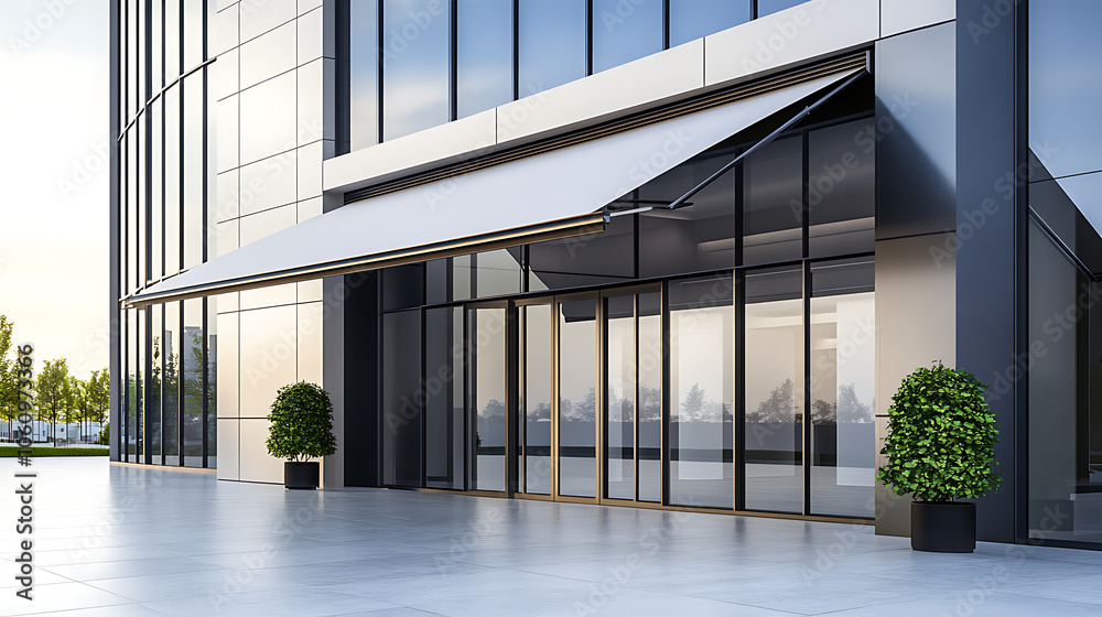 Poster modern retail and business complex with sleek awning inviting storefront and office space for rent o