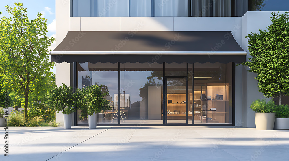 Poster modern retail and business complex with sleek awning inviting storefront and office space for rent o