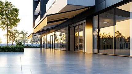 Fototapeta premium modern retail and business complex with sleek awning inviting storefront and office space for rent or purchase 3d illustration