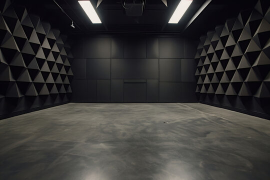 An empty interview studio. The walls are charcoal black with triangular acoustic panels evenly spaced. The floor is grey concrete.