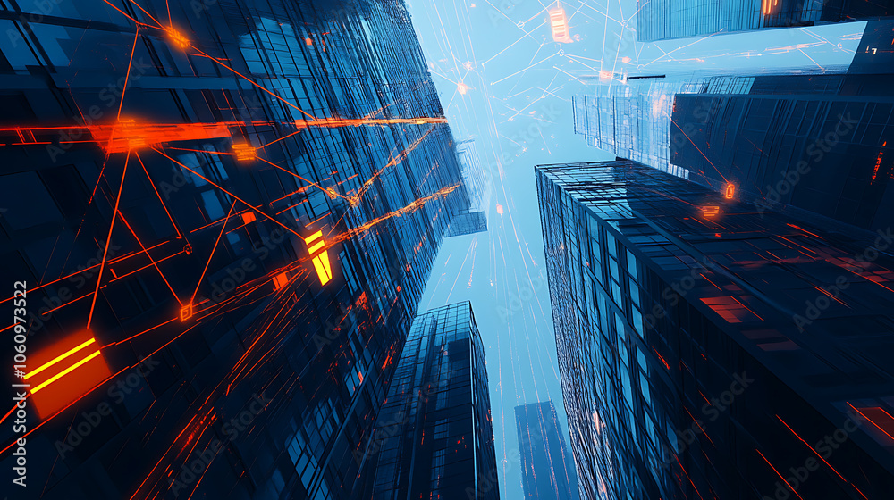 Poster Modern skyscrapers with network connections, representing the impact of AI on real estate business models and techniques in city building