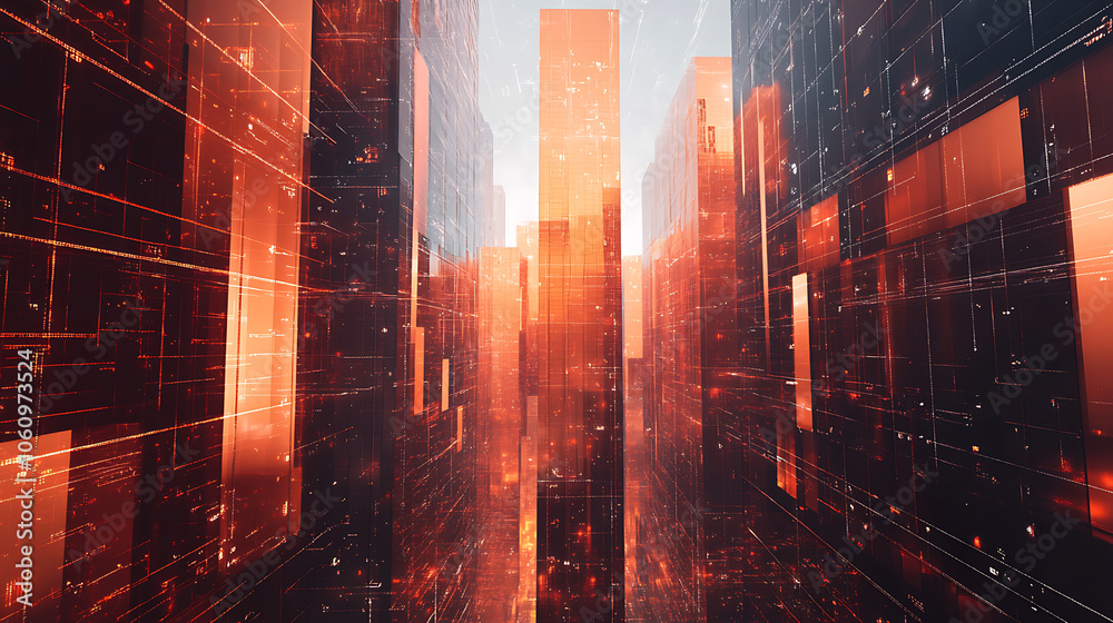 Aufkleber Modern skyscrapers with network connections, representing the impact of AI on real estate business models and techniques in city building