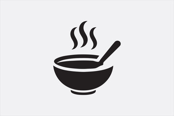 Black silhouette of a bowl of hot soup with a spoon.