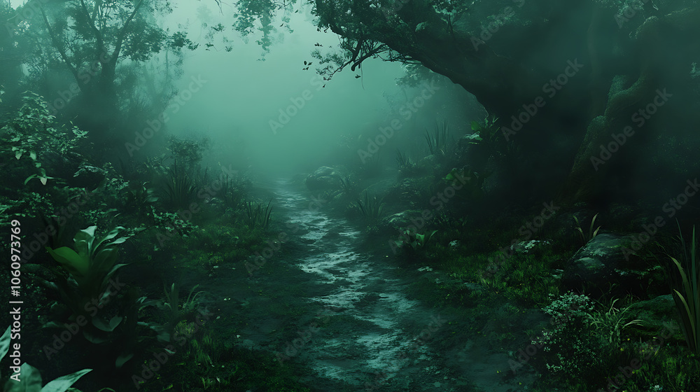 Aufkleber mysterious dark green path in enchanted fantasy forest with muddy trail and foggy atmosphere magical fairy tale setting illustration