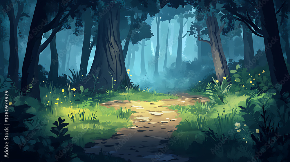 Poster mysterious dark green path in enchanted fantasy forest with muddy trail and foggy atmosphere magical
