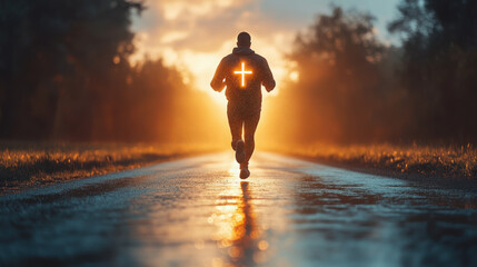 An inspirational image of a person running, a glowing cross at the line, symbolizing living with focus on Jesus and the eternal goal.