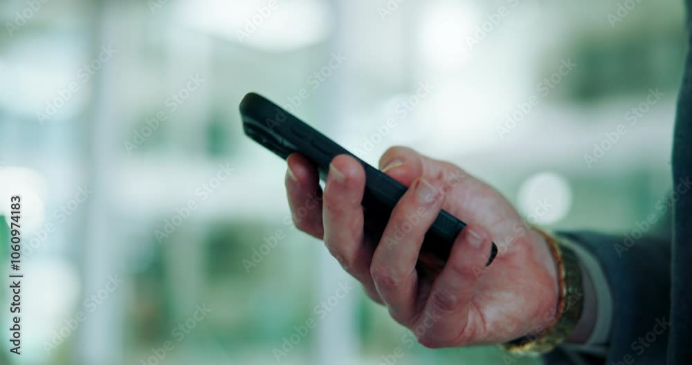 Poster business, hands and typing with phone in office for text message, check notifications or writing ema