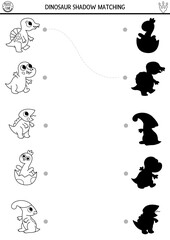 Little dinosaur black and white shadow matching activity with animal. Prehistoric line puzzle with baby T-rex, brachiosaur. Find correct silhouette printable worksheet, game. Dino coloring page