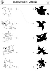 Dinosaur black and white shadow matching activity with flying animals. Prehistoric line puzzle with pterosaurs. Find correct silhouette printable worksheet, game. Dino coloring page for kids
