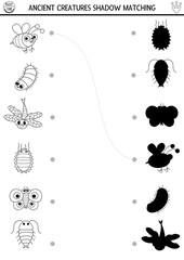 Dinosaur black and white shadow matching activity with ancient insects. Prehistoric line puzzle with cute dragonfly, butterfly, beetle. Find correct silhouette printable worksheet, game, coloring page