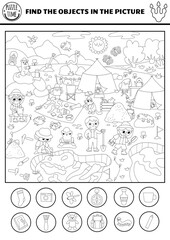 Obraz premium Vector black and white dinosaur searching game with paleontologist dig camp landscape. Spot hidden objects in picture. Prehistoric scientist line seek and find printable activity for kids