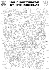Vector black and white dinosaur searching game with prehistoric continent map landscape. Spot hidden eggs in picture. Ancient world line seek and find educational printable activity for kids