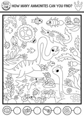 Vector black and white dinosaur searching and counting game with prehistoric underwater landscape. Spot hidden ammonites in picture. Ancient world line seek and find educational activity