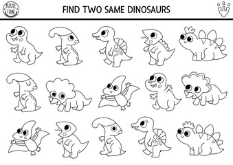 Find two same baby dinosaurs. Prehistoric black and white matching activity. Dino educational line quiz, worksheet for kids with ancient animals. Printable game, coloring page with little T-rex