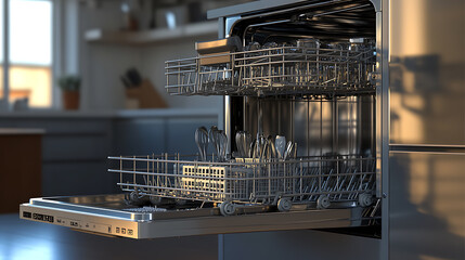 open empty dishwasher with racks and baskets kitchen appliance 3d rendering