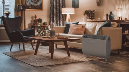 Electric heater warming a cozy living room in the evening, creating a comfortable atmosphere