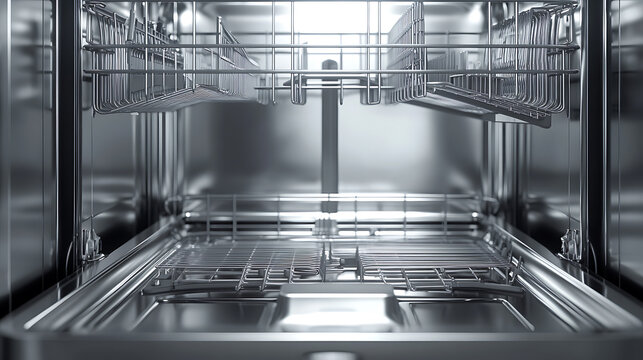 open empty dishwasher with racks and baskets kitchen appliance 3d rendering