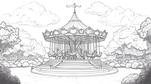 Classic Carousel Illustration  Amusement Park  Vintage Ride  Sketch  Black and White  Drea