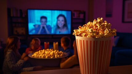 Family Movie Night at Home with Popcorn and TV