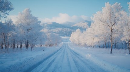 Obraz premium A snowy road winds through a frosty forest, leading towards a distant mountain range under a clear blue sky.