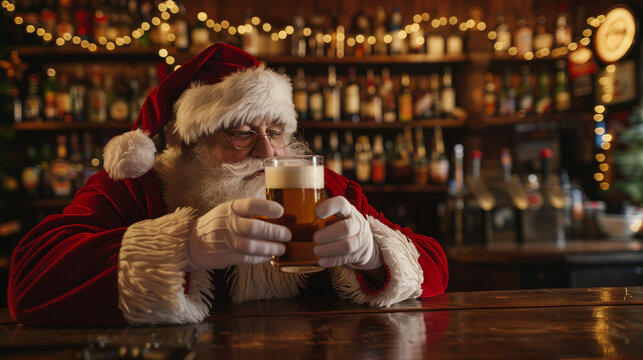 Santa's in the pub with a mug of beer. AI Generated