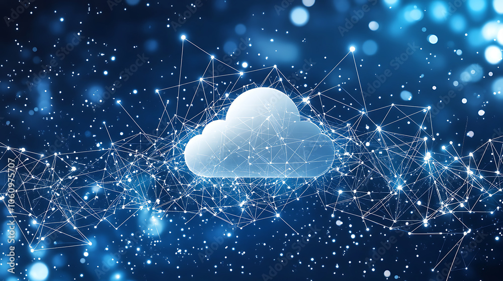 Fototapete The image depicts cloud and edge computing with cybersecurity, It shows a large cloud icon above a central white cloud against a polygon connection code backdrop on a dark blue background
