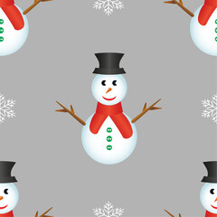 Patrón de muñecos de nieve y copos de nieve sobre fondo gris. Patrón navideño con muñecos de nieve en color