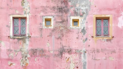 Pink plaster facade with small windows, urban setting for text placement.