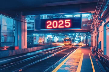 A futuristic train station in 2025 featuring glowing signs and modern trains at night