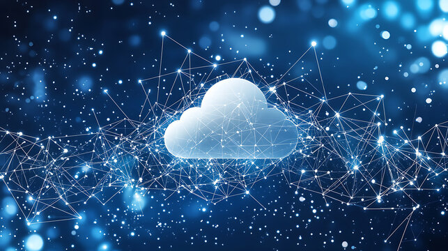 The image depicts cloud and edge computing with cybersecurity, It shows a large cloud icon above a central white cloud against a polygon connection code backdrop on a dark blue background