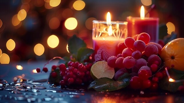 Christmas card with text Celebration Greeting: Dia de Las Velitas  with Candles, fruit, flower and bokeh lights. 7 December, Romantic festive holiday evening