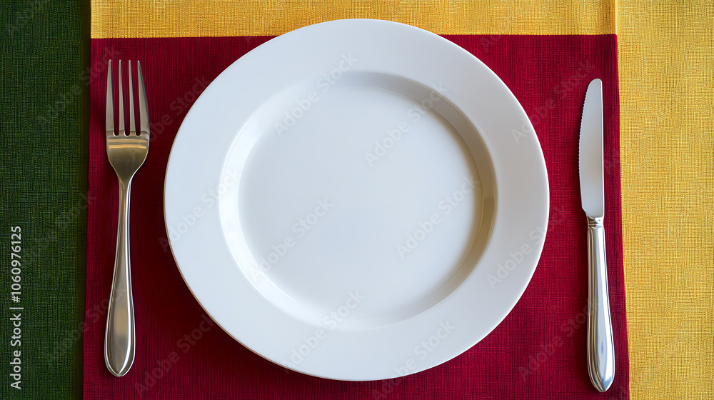 Poster top view of an empty round white plate with a colored background set on a tablecloth for food, plate