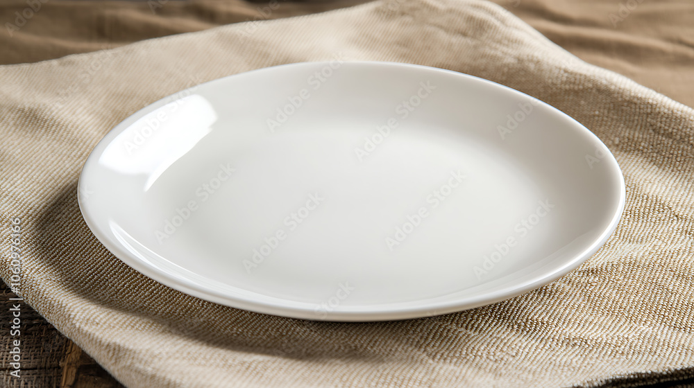 Poster top view of an empty round white plate with a colored background set on a tablecloth for food, plate