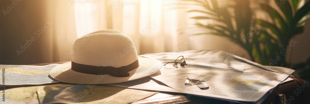 Leinwandbilder a travel hat sits atop an open suitcase, surrounded by colorful maps and guides, all illuminated by 