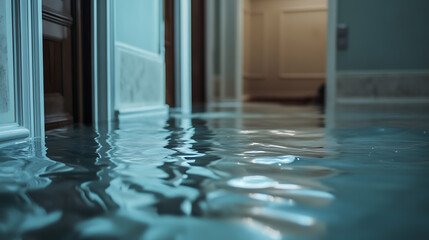 Rooms floor submerged in water, highlighting the extensive water damage to the interior that requires urgent repair and restoration services