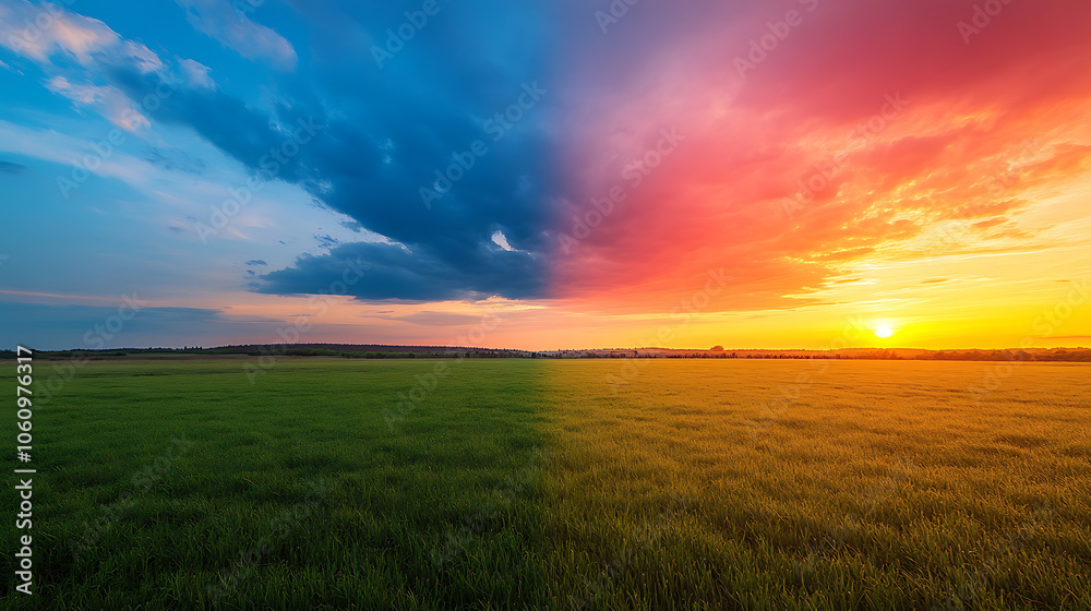 Poster time, lapse of a sunset over a field showcasing the breathtaking transition from day to night in vib