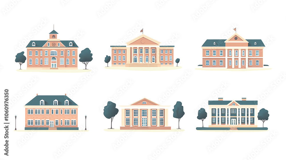 Poster set of flat minimalistic vector illustrations of various school buildings isolated on white backgrou