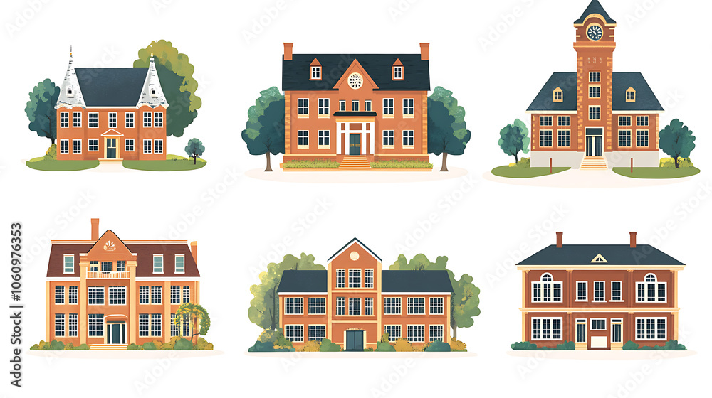 Poster set of flat minimalistic vector illustrations of various school buildings isolated on white backgrou