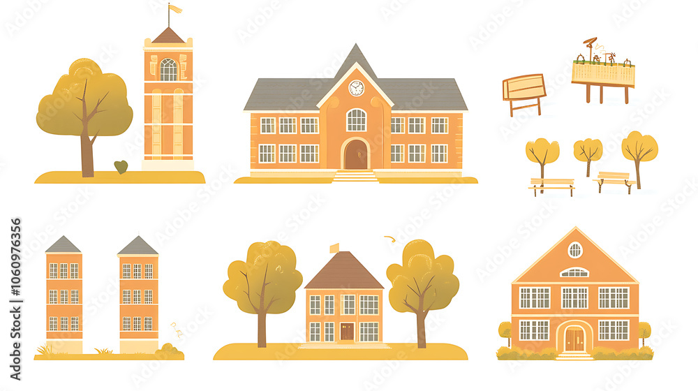 Aufkleber set of flat minimalistic vector illustrations of various school buildings isolated on white background