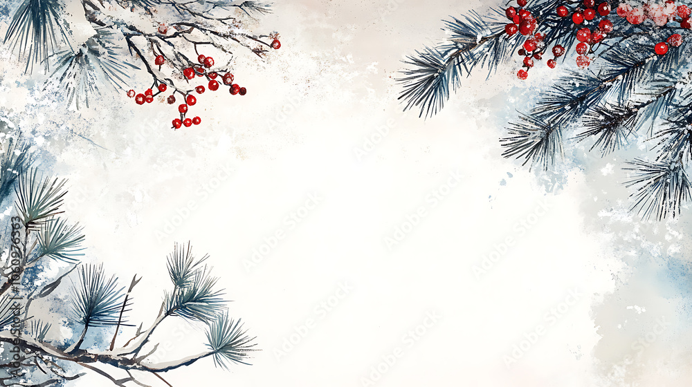 Fototapete winter watercolor background presentation design with text space for display, winter branches and be